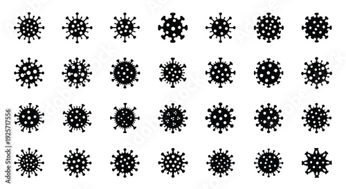 Arrangement of coronavirus shapes in a grid pattern silhouette