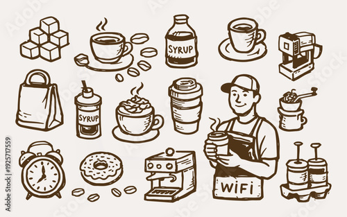Hand Drawn Coffee Shop Cafe Icons Set