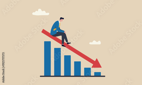 Economic recession crisis or stock market crash due to COVID-19 Coronavirus pandemic concept, unemployed businessman investor or business owner sitting on falling down bar graph, red