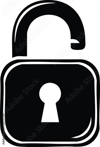 Black open padlock with white keyhole on a transparent background unlocked security