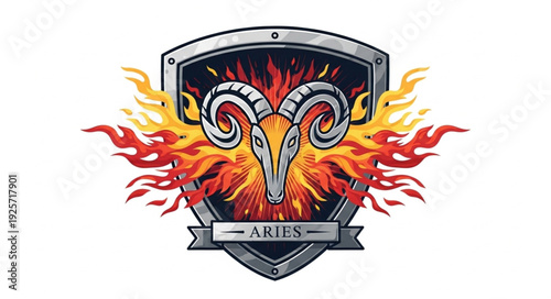 Aries Zodiac Symbol with Fiery Flames and Shield.