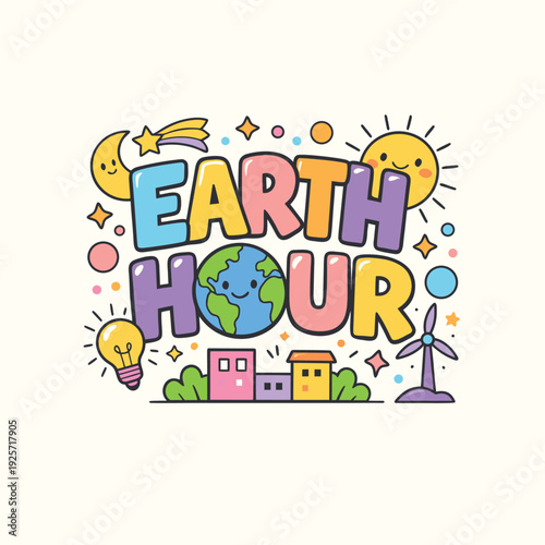 Colorful illustration promoting earth hour with a smiling globe sun moon and sustainable elements high-quality