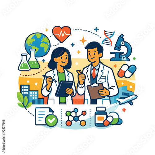 Illustration depicting medical research global health and scientific innovation with doctors and related symbols high-quality