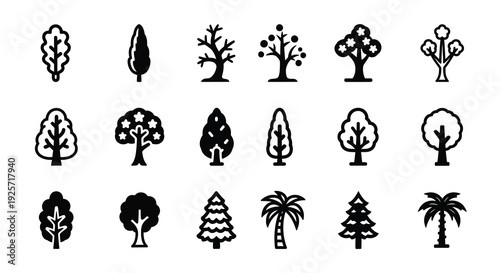 Collection of various tree shapes in a black graphic silhouette