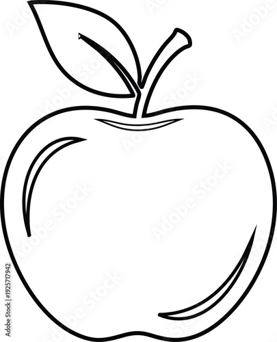 Black outline of a single apple with one leaf and stem on a white background fruit