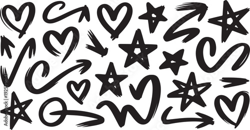 Hand Drawn Black Hearts Stars and Arrows on White Background
