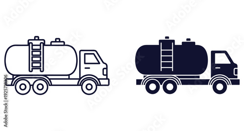 Vector illustration of tanker trucks in outline and solid styles for industrial liquid transport