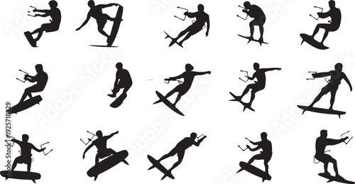 Kitesurfing Silhouettes in Action on White Background sports