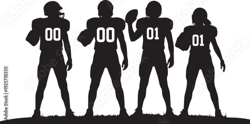 Four football players standing in a line with their backs to the camera. isolated on transparent background, Vector