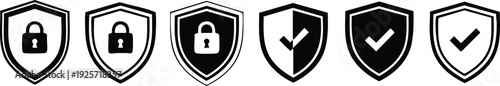 Black Shield with Locks and Checkmarks on a White Background