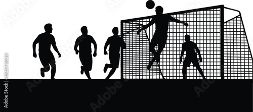 A group of soccer players in action during a match with one player heading the ball towards the goal. isolated on transparent background, Vector