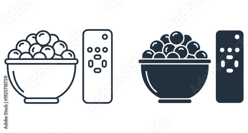 Set of linear and silhouette icons representing a snack bowl and TV remote control