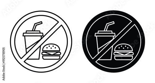 Set of two prohibition signs indicating no eating or drinking with burger and cup