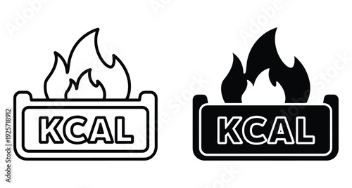 Set of two kilocalorie icons featuring fire flames representing metabolism and energy expenditure