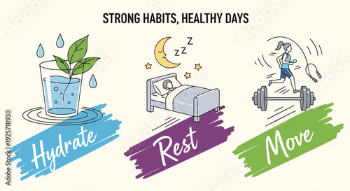 Healthy habits icon set. Includes hydrate, rest, move. Created in colorful flat style with bright colors