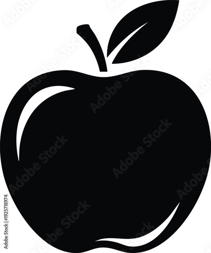Black silhouette of an apple with stem and leaf on a white background fruit symbol