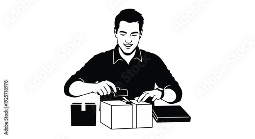 man packing a box with tape