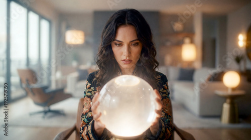 Wahrsagerin blickt mit Hilfe einer Kristallkugel in die Zukunft, Generative AI