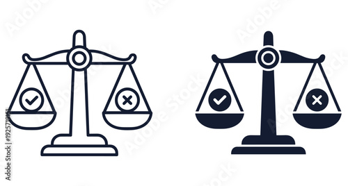 Set of two balance scale icons representing right and wrong choices in law