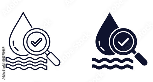 Vector illustration of water purity analysis icons featuring magnifying glass with checkmark symbol