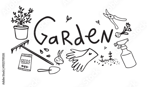 Black and white doodle illustration with “Garden” lettering and hand drawn gardening tools, seeds and plants