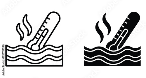 Set of outline and solid icons showing a thermometer measuring hot liquid water temperature