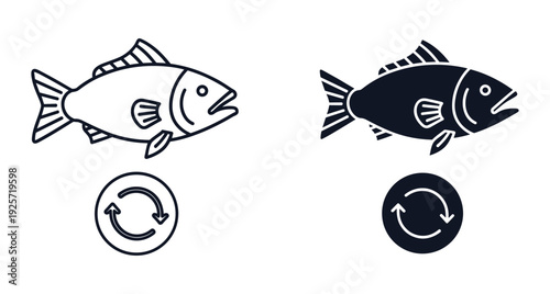 Minimalist black and white icons representing sustainable seafood practices and circular economy in fishing