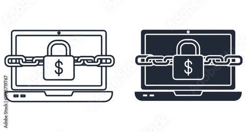 Digital security icon showing a laptop computer locked by chains and money padlock
