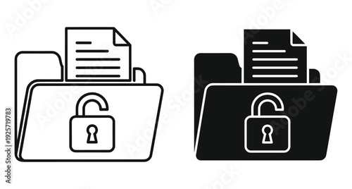 Vector illustration of folder icons with documents and open padlocks representing accessible digital data
