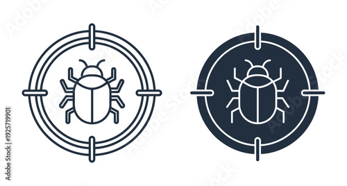 Vector illustration of a beetle inside a target symbol representing software bug detection