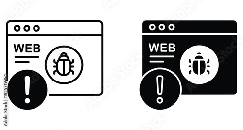 Set of outline and solid icons representing website security issues and malware detection alerts