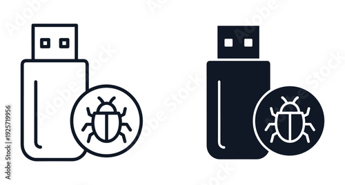Set of outline and solid flash drive icons with bug symbol for malware detection