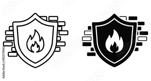 Set of two fireproof shield icons featuring flame symbol against a brick wall