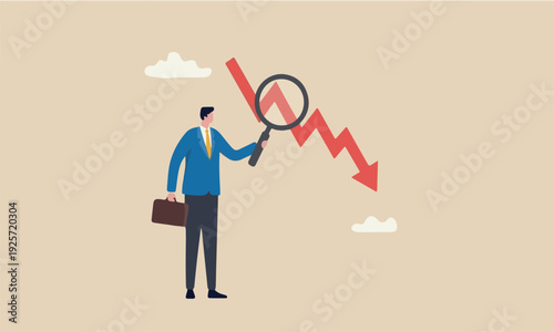 Market crash industrial recession, analyze or measure investment downturn concept, businessman analyst using magnification glass to look at red crash graph arrow