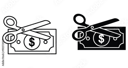 Line and solid icons of scissors cutting banknote for financial budget reduction concepts
