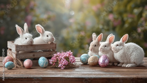 White rabbits sitting on wooden table with colorful eggs and flowers easter eggs