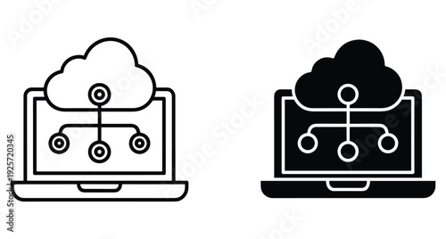 Set of laptop icons featuring cloud computing and network hierarchy for digital data