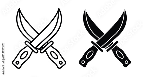 Two crossed tactical daggers displayed in both line art and solid black silhouette styles