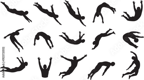 Silhouettes of Divers Performing Various Mid- Air Poses in Black and White mid-air