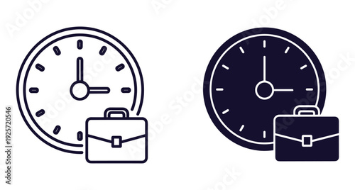 Set of outline and solid icons showing a clock with a business briefcase