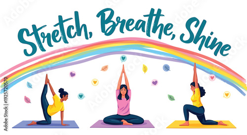 Yoga icon set with rainbow and hearts