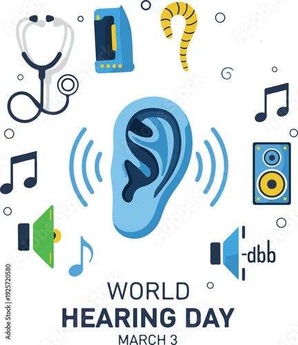 World Hearing Day Illustration with Ear Icon, Medical Tools, and Sound Symbols for Hearing Care Awareness