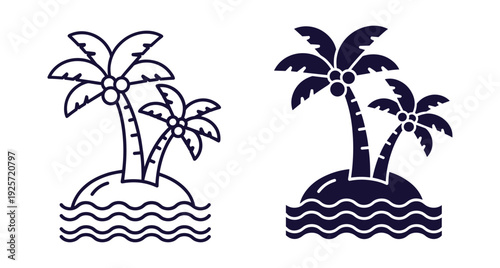Set of two minimalist tropical island icons featuring palm trees coconuts and ocean waves
