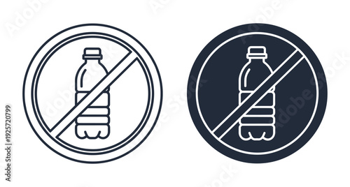 Set of two circular icons showing crossed out plastic bottle for environmental awareness