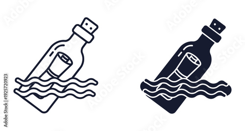 Vector illustration of a glass bottle with paper scroll inside floating on water