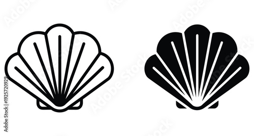 Minimalist black and white scallop seashell icons featuring outline and solid silhouette vector designs