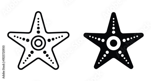 Two stylized starfish symbols in outline and silhouette styles for marine and ocean designs