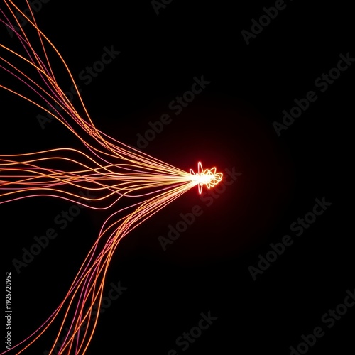 Multiple vibrant orange light trails gracefully converging and merging into a bright, intense central point against darkness.