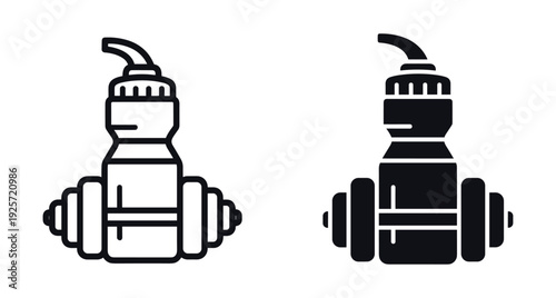 Minimalist black and white icons representing a sports water bottle combined with a dumbbell