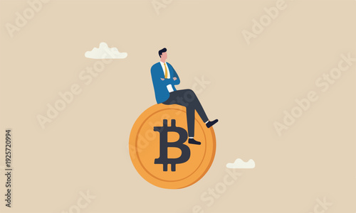 Bitcoin hodl bitcoin or crypto currency for long term investment, crypto investing or believe in Bitcoin independence concept, calm businessman investor relax sitting on Bitcoin.